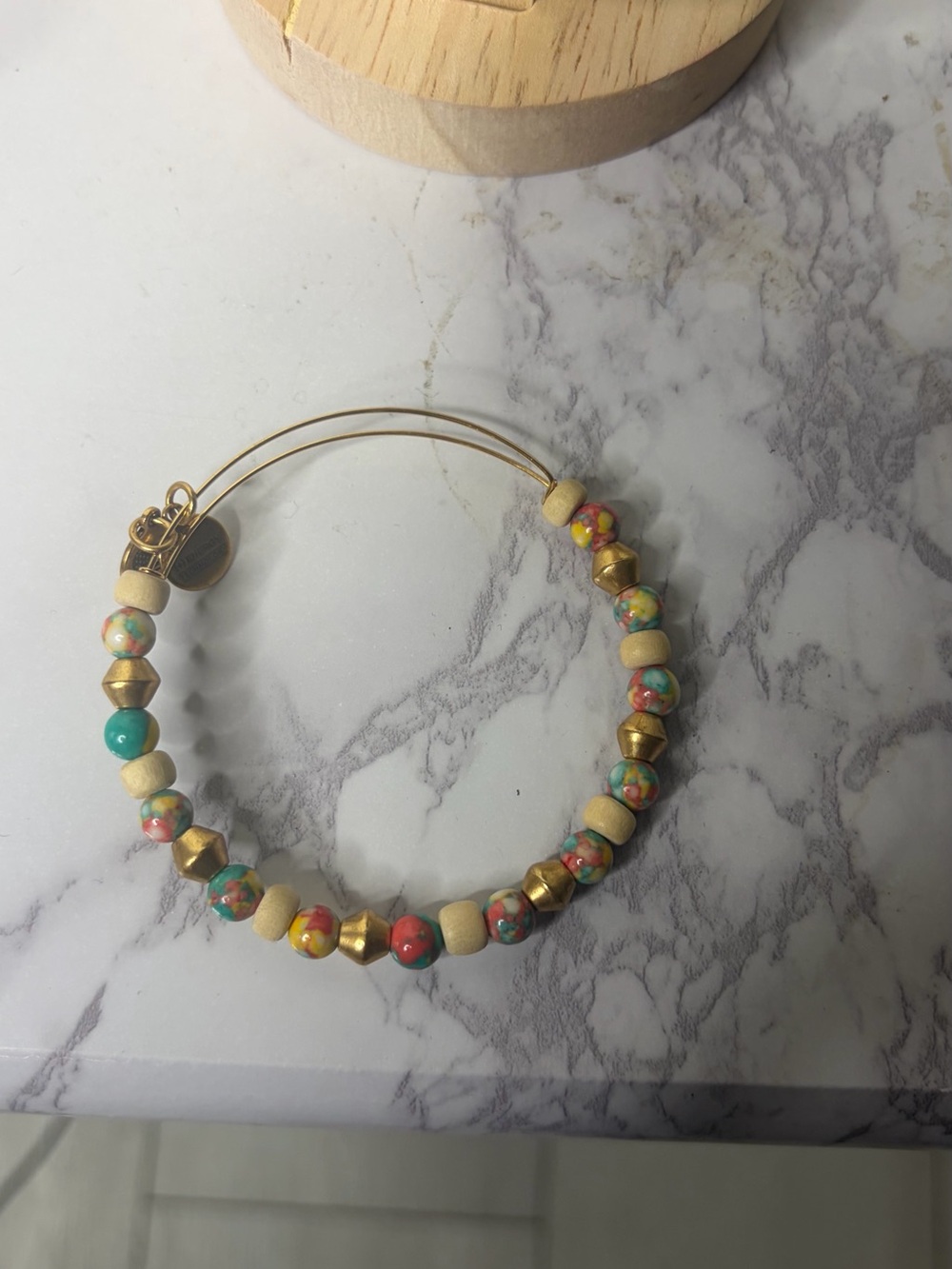 Alex and Ani Gold Bangle with Multicolor and Cream Beads